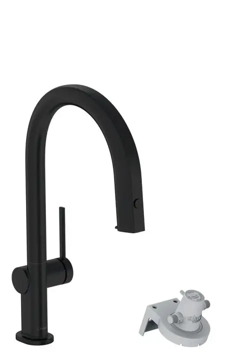 Schwarzer Küchenarmatur mit einem hohen, gebogenen Auslauf und einem Hebel zur Steuerung des Wasserflusses, inklusive einem kleinen grauen Filteranschluss von Hansgrohe.